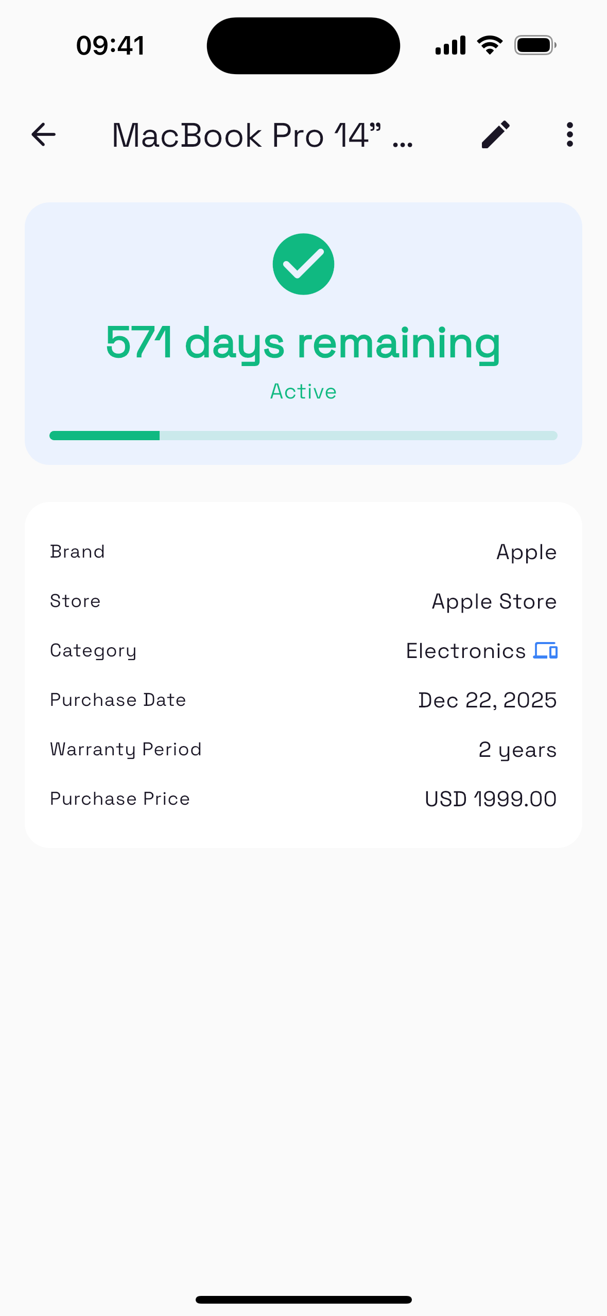 WarrantyVault product detail screen with the receipt photo and warranty timeline