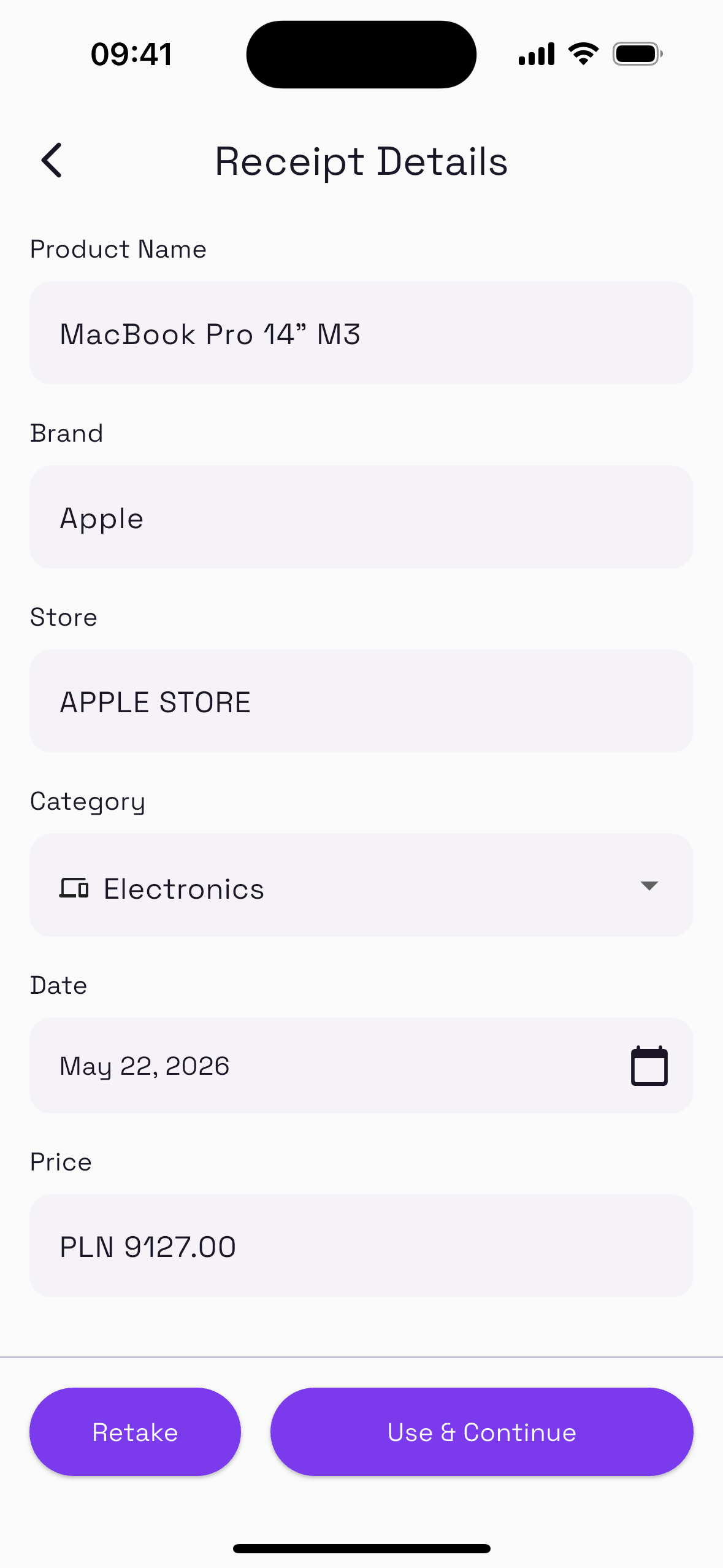WarrantyVault reading a receipt and filling in the product details automatically