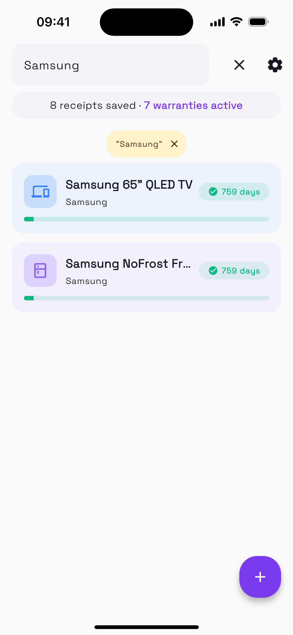 WarrantyVault search and filter screen narrowing the product list